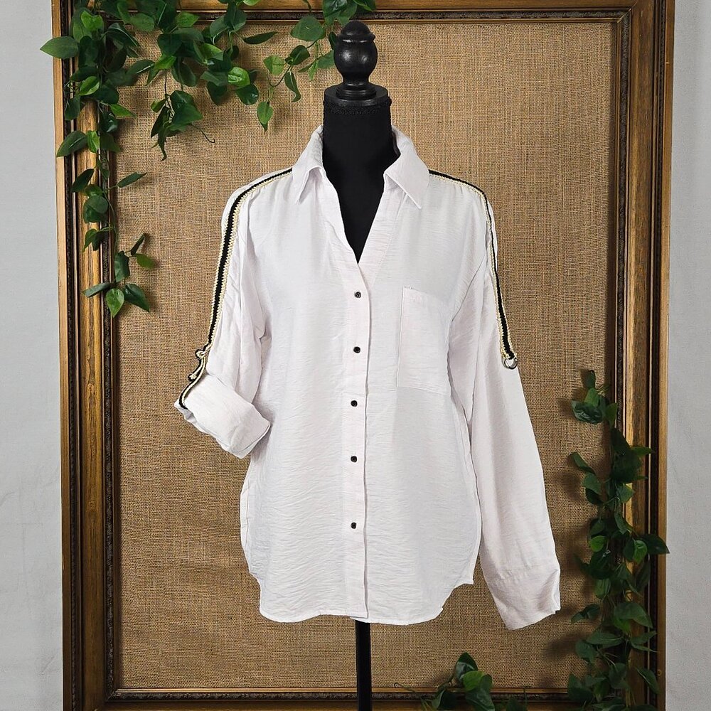 Buckle Black Long Sleeve Button Up Blouse With Black and Gold Trim - size M
